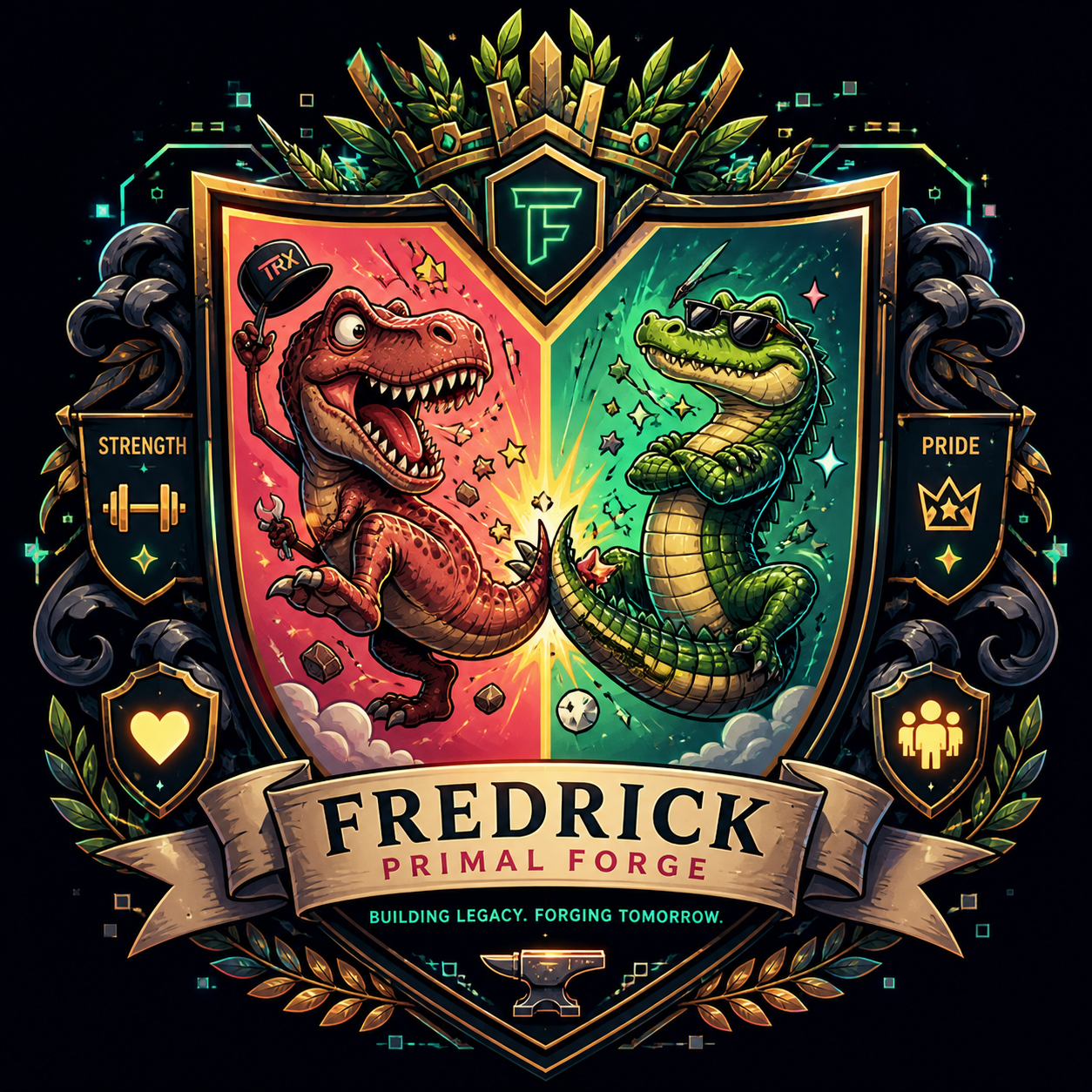 Fredrick Primal Forge family crest with playful T-Rex and gator